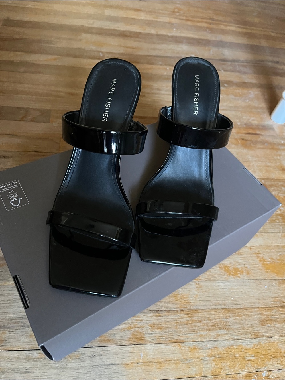 Marc Fisher Black Patent Square-Toe, Strappy Slide Heels